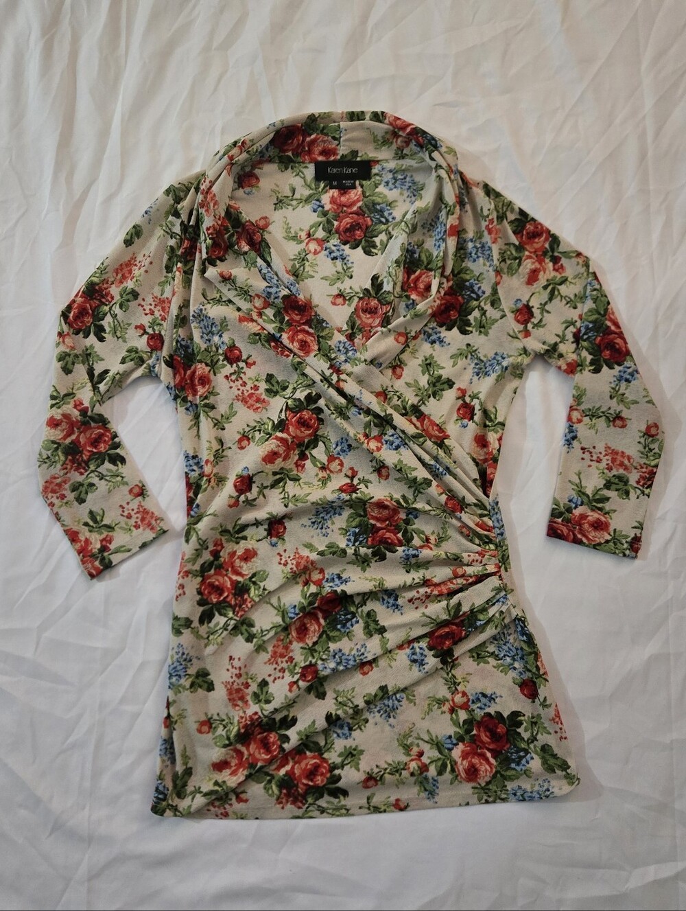Karen Kane Cream Floral Wrap Tunic with Red Roses